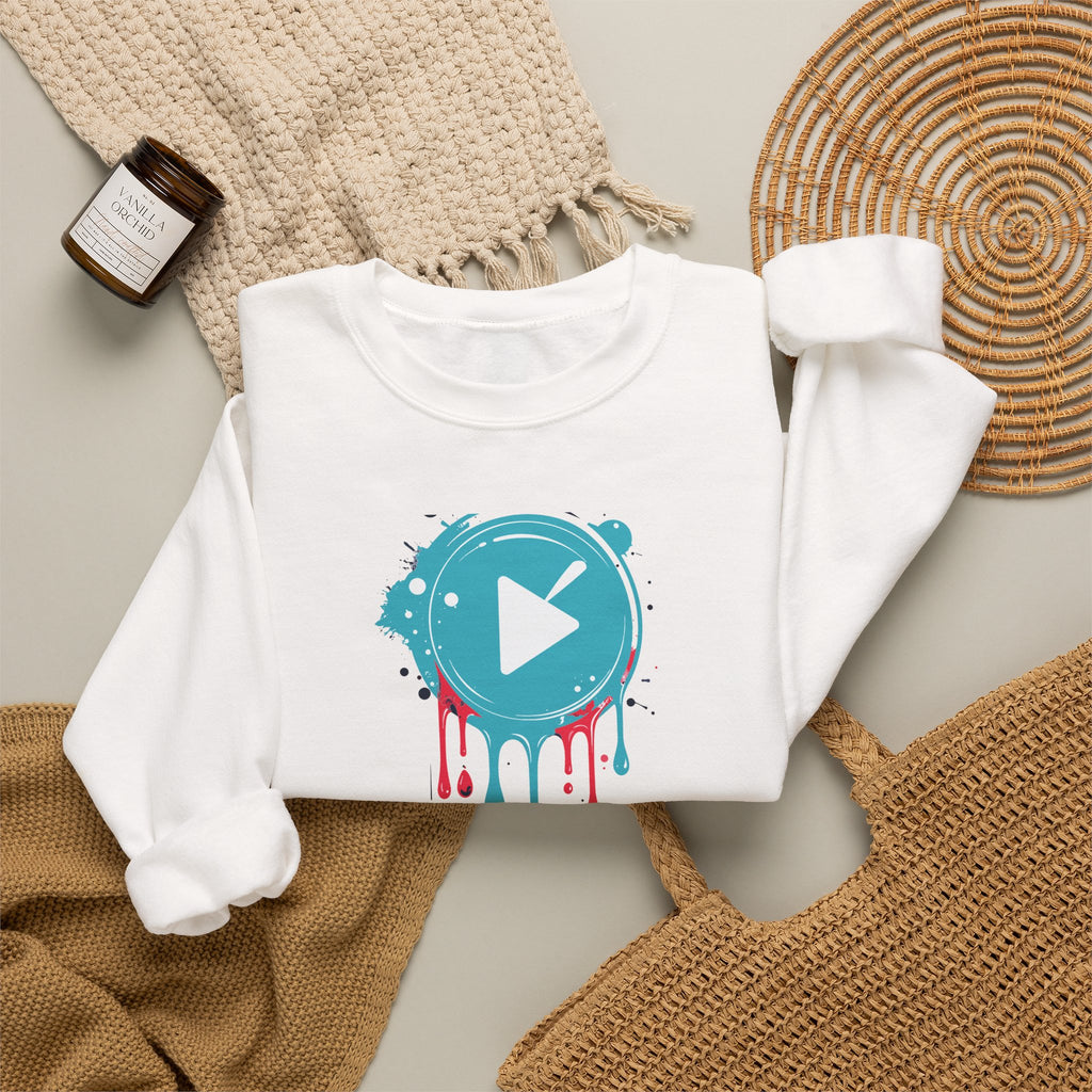 Colorful Play Button Paint Drip Crewneck Sweatshirt
