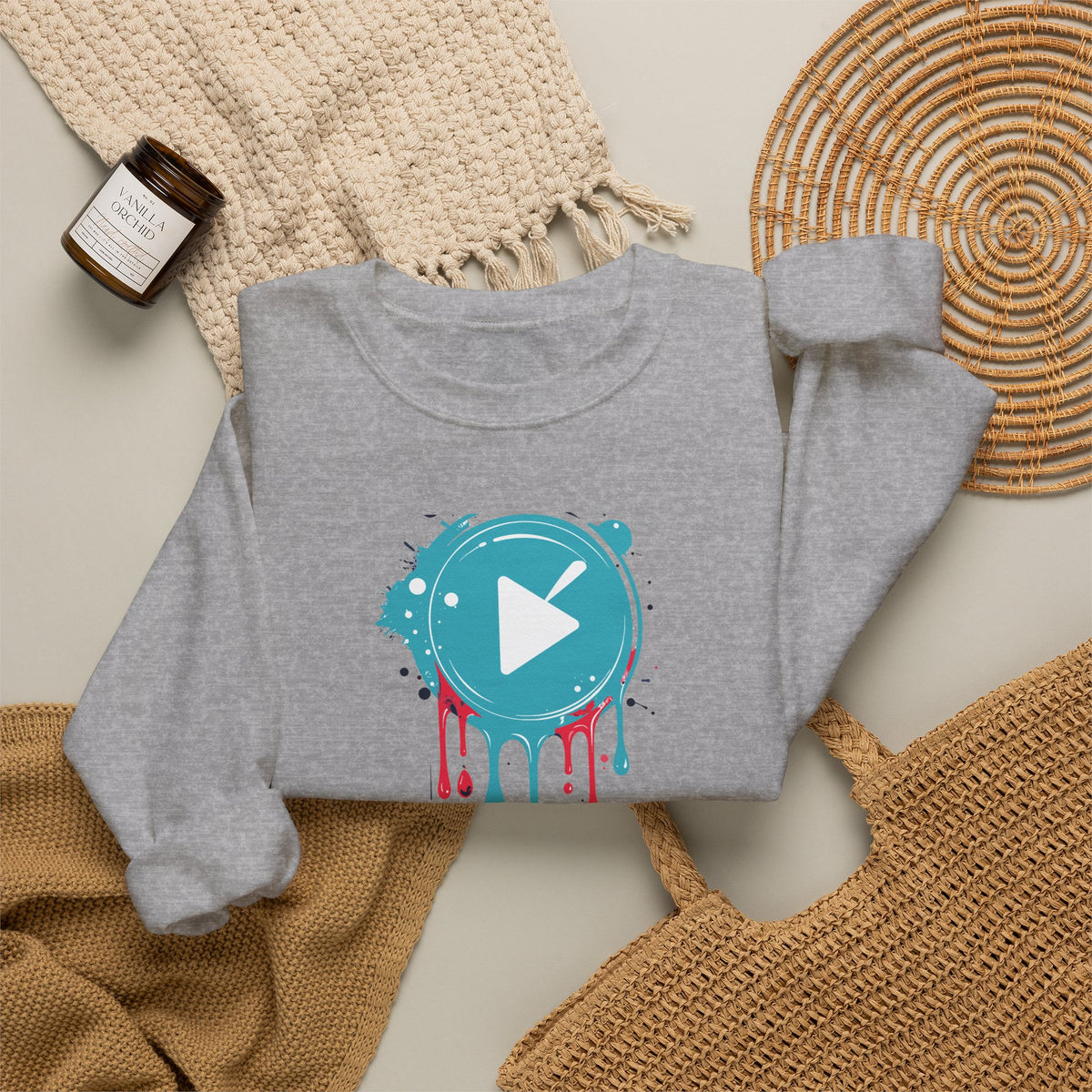 Colorful Play Button Paint Drip Crewneck Sweatshirt