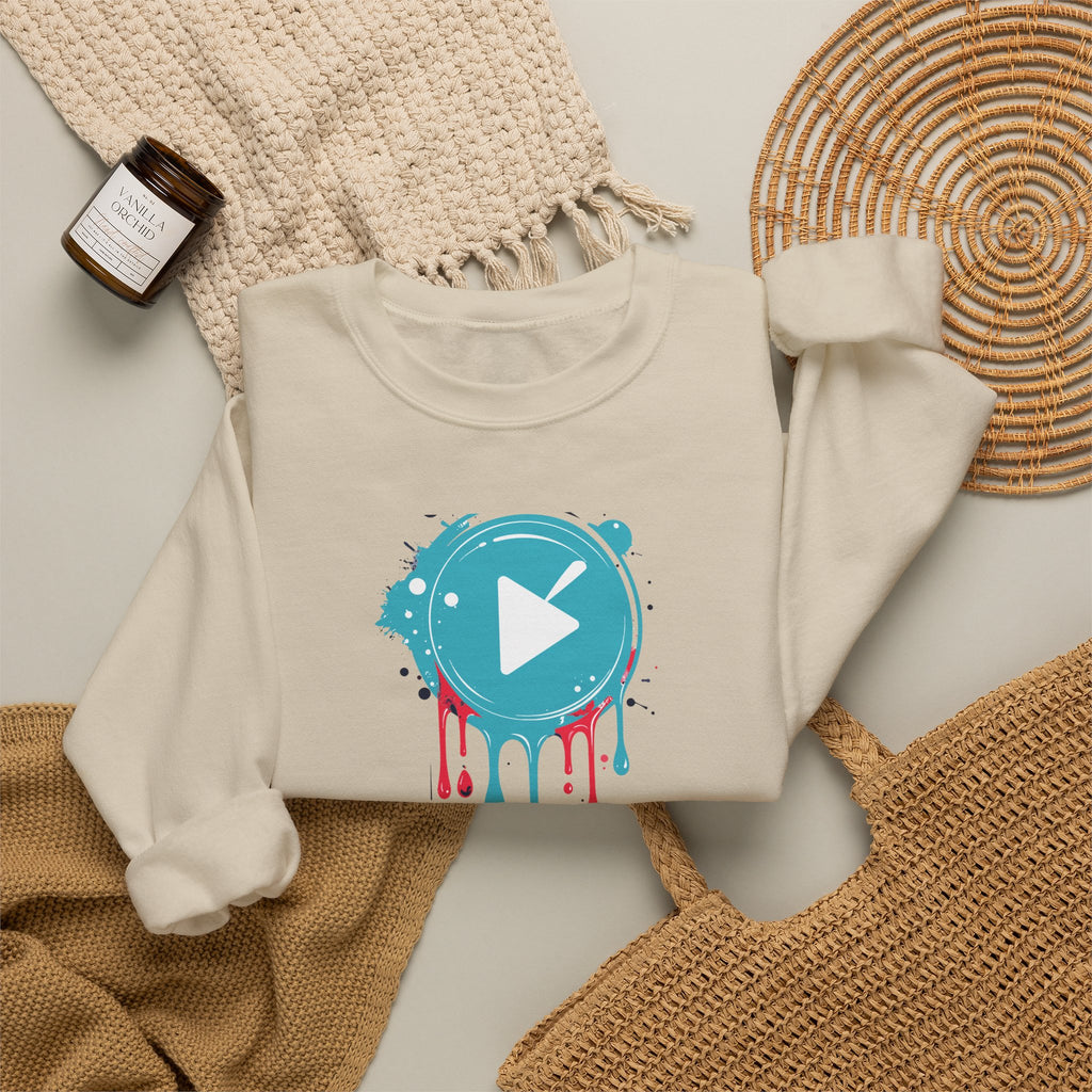 Colorful Play Button Paint Drip Crewneck Sweatshirt