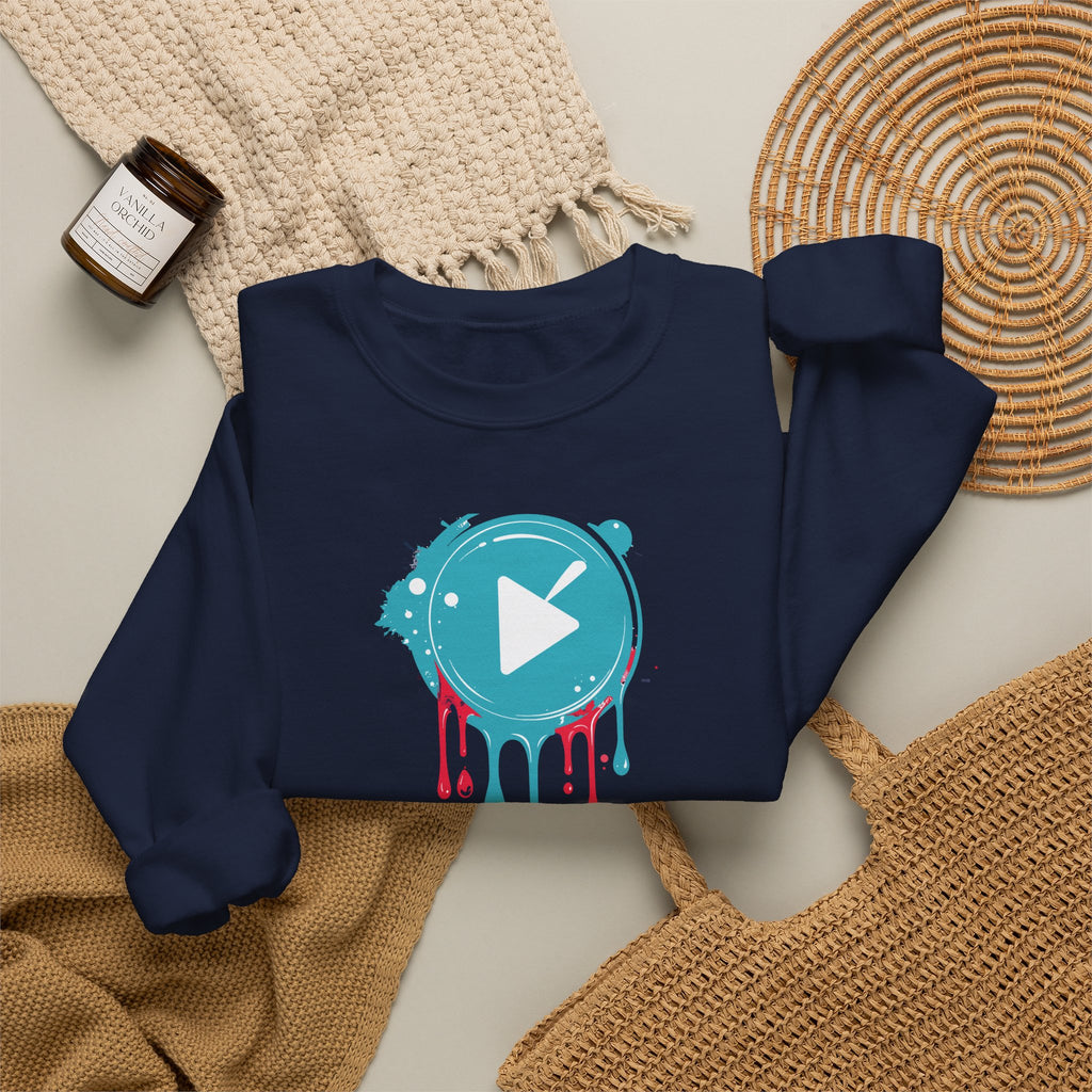 Colorful Play Button Paint Drip Crewneck Sweatshirt