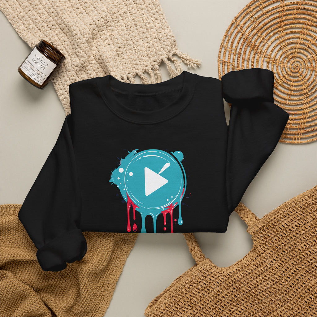 Colorful Play Button Paint Drip Crewneck Sweatshirt